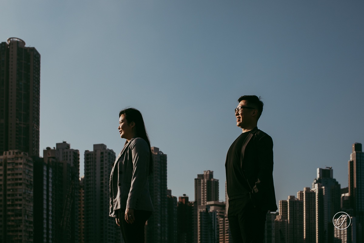 Hong Kong cityscape with bride & groom