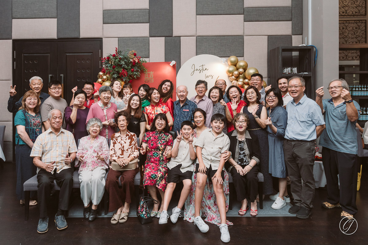 Wedding group photo with family on dinner