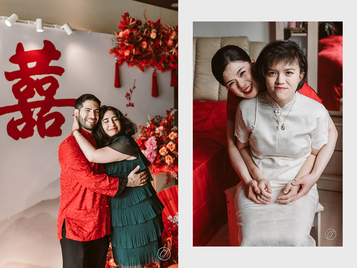 Bride with her sister, and groom with his sister